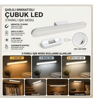Şarjlı Manyetik LED Çubuk Lamba, Dokunmatik, 3 Modlu, Kablosuz Mutfak Dolap Altı ve Dekoratif Aydınlatma (5343)
