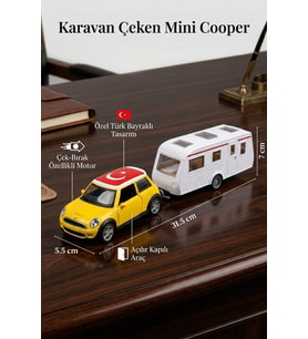 Mini Cooper Karavanlı Oyuncak Araba Seti - Türk Bayraklı Çek Bırak Metal Model Araba