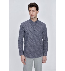 Koyu Lacivert Uzun Kol Gömlek Yaka Klasik Slim Fit Pamuklu Gömlek 1004225223