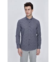 Koyu Lacivert Uzun Kol Gömlek Yaka Klasik Slim Fit Pamuklu Gömlek 1004225223
