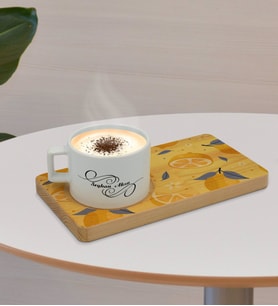 BK Gift Kişiye Özel Limon Tasarımlı Doğal Ahşap Tabaklı Seramik Fincan Sunum Seti  Model 2