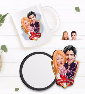 BK Gift Kişiye Özel Sevgililer Karikatürlü Beyaz Kupa ve Ahşap Bardak Altlığı Hediye Seti-2
