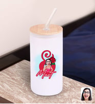 BK Gift Kadınlar Gününe Özel Karikatürlü Beyaz Renk Pipetli Buzlu Cam Bardak 600ml - 4, 8 Mart Kadınlar Günü