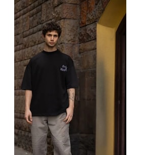 pilelistore- Unisex Bisiklet Yaka Baskılı Oversize T-Shirt - Siyah