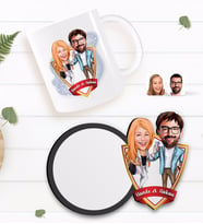 BK Gift Kişiye Özel Sevgililer Karikatürlü Beyaz Kupa ve Ahşap Bardak Altlığı Hediye Seti-93