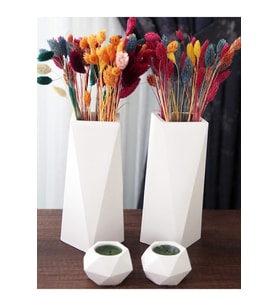 Geometrik Uzun Vazo 20 Cm Ve Geometrik Tealight Mumluk Set (4 PARÇA) Ham Beyaz