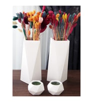 Geometrik Uzun Vazo 20 Cm Ve Geometrik Tealight Mumluk Set (4 PARÇA) Ham Beyaz