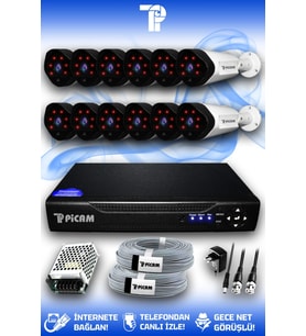 PICAM 12 Kameralı Uzay 12 Dış Kamera Set HDD'siz Full HD Gece Görüşlü Güvenlik Kamerası Sistemi