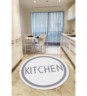 Beyaz Kaymaz Kitchen Yazılı Yuvarlak Mutfak Halısı AR547