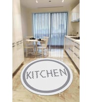 Beyaz Kaymaz Kitchen Yazılı Yuvarlak Mutfak Halısı AR547