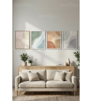 Modern Soyut Pastel Formlar 4’lü Ahşap Çerçeveli Tablo Seti