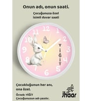 İsme Özel Sevimli Tavşan Çocuk Odası Duvar Saati Orta Boy 30 cm Beyaz Camlı Sessiz