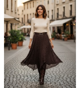 Intive Moda Ağır Güpür Dantelli Asimetrik Kesim Astarlı Kemerli Midi Boy Etek-Uzak Şehir (Kahverengi)