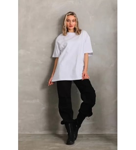 Unisex Bisiklet Yaka 20/1 Düz Oversize T-Shirt - Beyaz