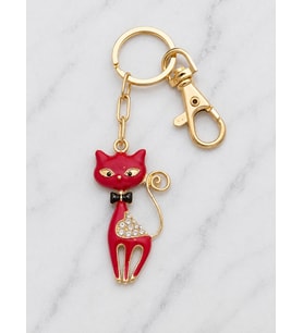 Cats & Meow Kırmızı Mine Kedi Figürlü Anahtarlık Kristal Taşlı Altın Renk Çanta Aksesuarı
