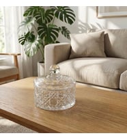Hasır Desen Kristal Kulplu Kapaklı Cam Çerezlik – Şekerlik – 10×10 cm (Şeffaf)