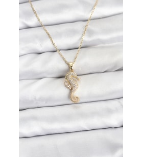 316L Çelik Zincir Gold Renk Deniz Atı Model Zirkon Taşlı Kadın Kolye (Karışık)