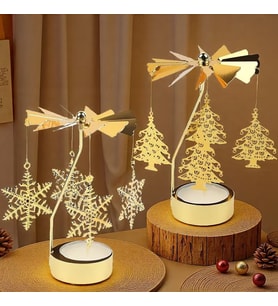 2'li Set Dönen Işıklı Kar Tanesi ve Ağaç Metal Tealight Mumluk