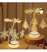 2'li Set Dönen Işıklı Kar Tanesi ve Ağaç Metal Tealight Mumluk