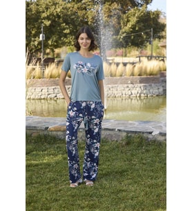 Monamise Kadın Çiçek ve Yaprak Desenli ve Baskılı Pijama Takımı 24103 