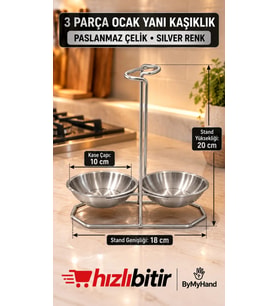ByMyHand Paslanmaz Çelik Gümüş 3 Parça Ocak Yanı Kaşıklık Kepçelik