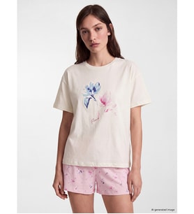 LCW DREAM Pembe Bisiklet Yaka Baskılı Kadın Şortlu Pijama Takımı