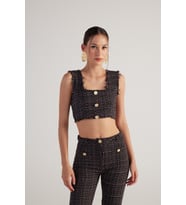 Tüvit Kumaş Crop Tweed Büstiyer Pembe (Siyah)