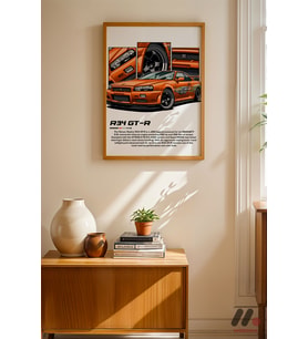 Nissan Skyline R34 GT-R Turuncu JDM Poster, Ahşap Çerçeveli Duvar Tablosu - Oto