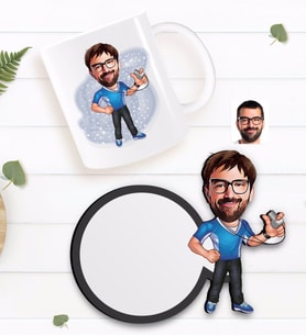BK Gift Kişiye Özel Erkek Antrenör Karikatürlü Beyaz Kupa ve Ahşap Bardak Altlığı Hediye Seti-1