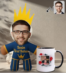 BK Gift Kişiye Özel Fotoğraflı Kral Babam Tasarımlı Bebek Yastık-2 & Siyah Kupa Bardak Hediye Seti-6, Babalar Günü Hediye, Babaya Hediye