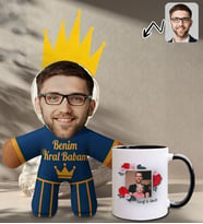 BK Gift Kişiye Özel Fotoğraflı Kral Babam Tasarımlı Bebek Yastık-2 & Siyah Kupa Bardak Hediye Seti-6, Babalar Günü Hediye, Babaya Hediye