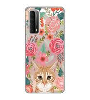 Huawei P Smart 2021 Uyumlu Kedi ve Çiçek Desenli Şeffaf Telefon Kılıfı