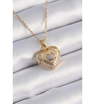 316L Çelik Gold Renk Zirkon Taşlı Kalp Model Vintage Kadın Kolye 5886 - HPSBYI2264-5309