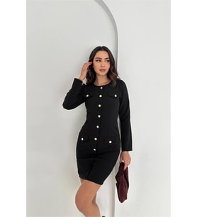 Neşeli butik kadın gold düğme detaylı uzun kollu mini elbise NBK4388 (Siyah)
