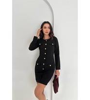 Neşeli butik kadın gold düğme detaylı uzun kollu mini elbise NBK4388 (Siyah)