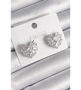 Pirinç Gümüş Renk Zirkon Taşlı Kalp Model Kadın Küpe 5886 - SSSSSS5817-8449