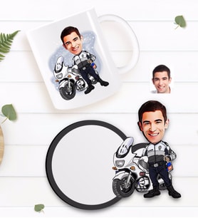 BK Gift Kişiye Özel Erkek Yunus Polis Karikatürlü Beyaz Kupa ve Ahşap Bardak Altlığı Hediye Seti-1