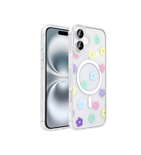 Apple iPhone 16 Uyumlu Kılıf M-Safe Şarj Özellikli Şeffaf Zore Folk Sert Kapak (Papatya)