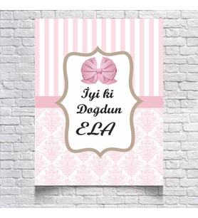 Pembe Çizgili ve Damask Desenli Doğum Günü Afişi