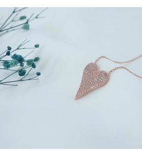 925 Ayar Favori Zirkon Taşlı Dolgulu Kalp Modelli Gümüş Kolye (Rose - Gold)