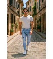 Erkek Skinny Fermuarlı Paça Detaylı Jean Açık Mavi