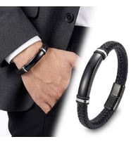 Premium İsim Yazılabilir Siyah Deri Ve Siyah Titanyum Kilit Bileklik 31833B15D4 - 20 cm