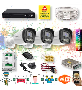 3 Kameralı Set - Yapay Zeka Özellikli Gece Renkli Gösteren 5MP SONY Lensli 4 Ultra Warm Ledli FULLHD Güvenlik Kamerası Seti 2304W-104