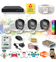 3 Kameralı Set - Yapay Zeka Özellikli Gece Renkli Gösteren 5MP SONY Lensli 4 Ultra Warm Ledli FULLHD Güvenlik Kamerası Seti 2304W-104