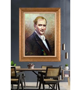 Altın Varaklı Çerçeveli Paspartulu Atatürk Tablo nh452 (Gold)