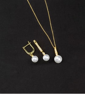 925 Ayar Gümüş Zirkon Taşlı Küre İnci Set (Altın)
