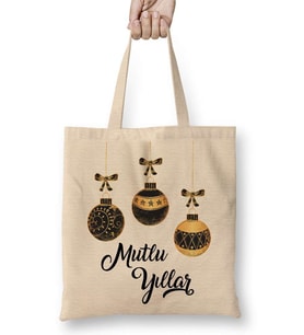 Mutlu Yıllar Noel Topları Bez Çanta Uzun Saplı