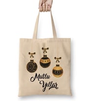 Mutlu Yıllar Noel Topları Bez Çanta Uzun Saplı