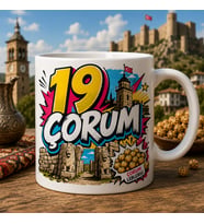 Çorum Temalı Memleket Kupası – 19 Çorum Leblebisi ve Şehir Simgeleri Renkli Baskılı Seramik Kupa