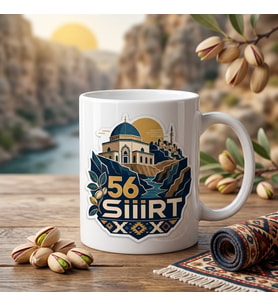 Siirt Temalı Memleket Kupası – 56 Siirt Botan Vadisi Türbe Siirt Fıstığı ve Kilim Motifli Modern Geometrik Baskılı Seramik Kupa